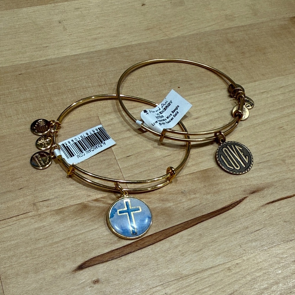 Alex and Ani Gold Charm Bangles with Cross and Love Stack